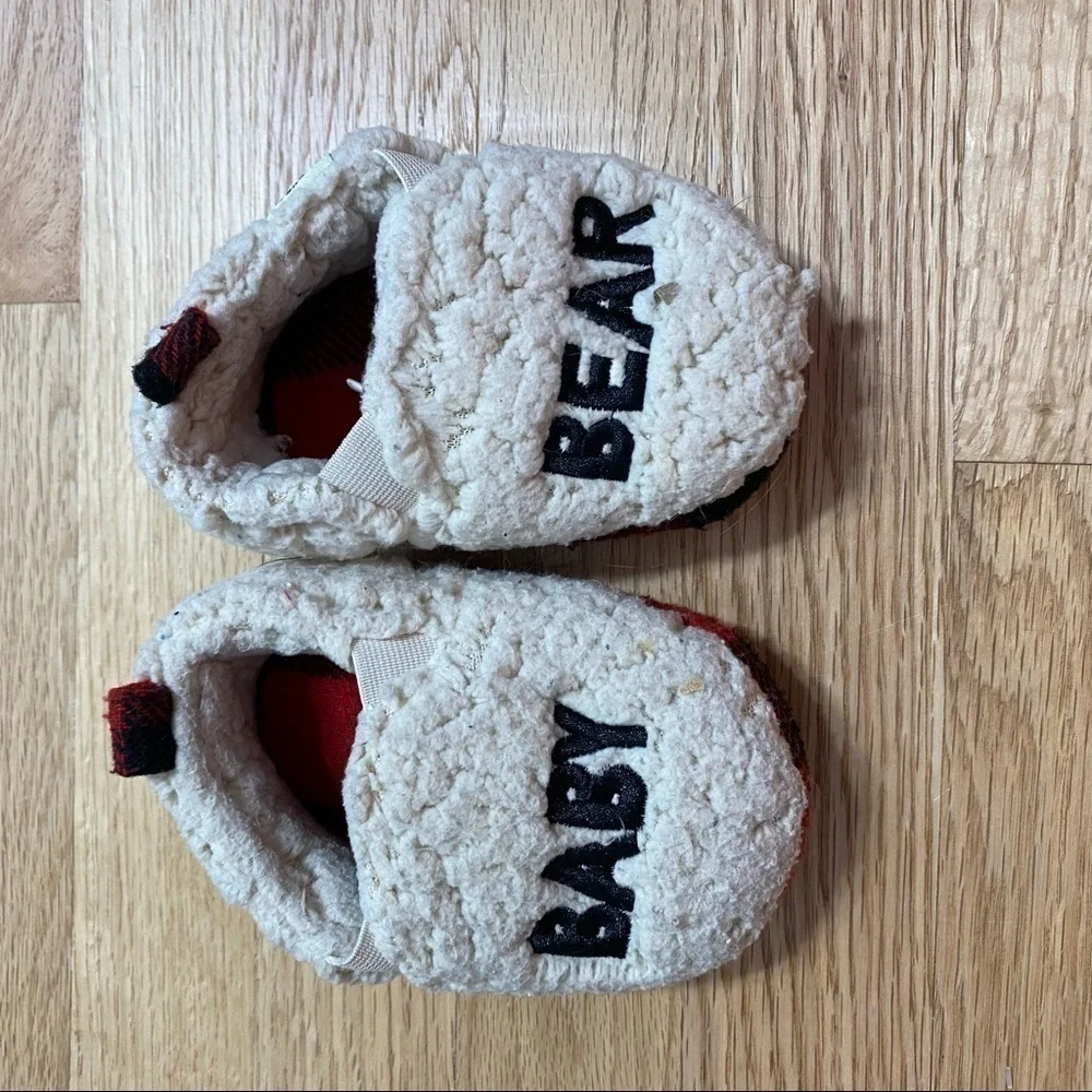 Baby Bear Teddy Slippers Sz 5 6 Tan Black Red Buffalo Plaid Christmas Matching